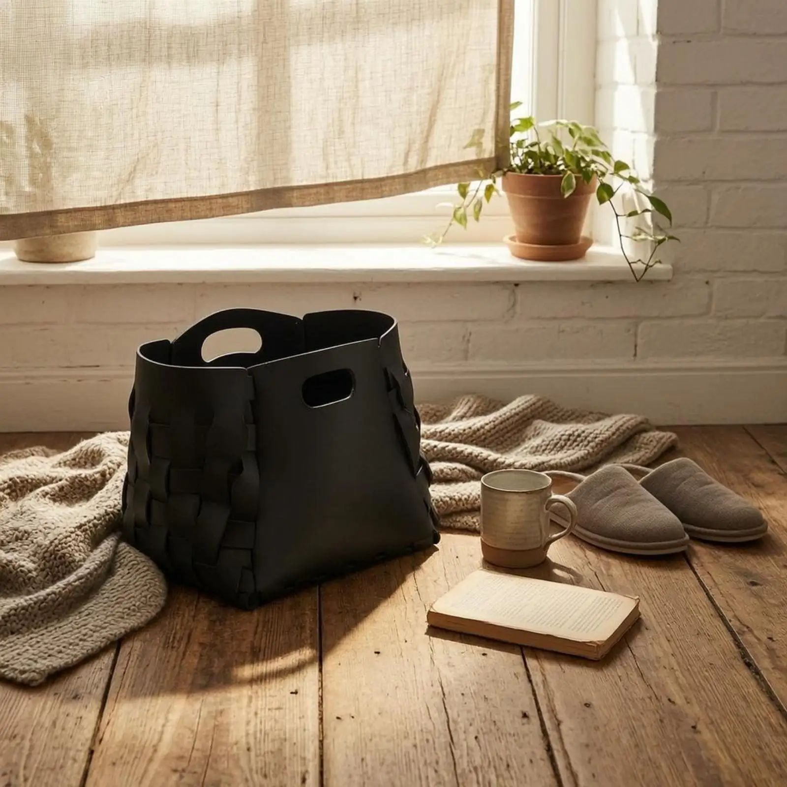 Laundry Basket Flexible Woven Eco-friendly Leather Hamper with Cutout Handles for Household Storage Hotel