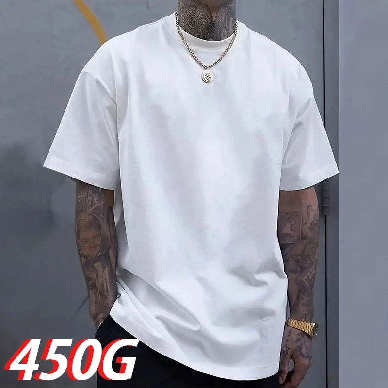 Schwarzes 450g Schweres Baumwoll-Doppelgarn Kurzarm-T-Shirt - Relaxed Fit Rundhalsausschnitt, Einfarbiges Unterhemd für Männer und Frauen