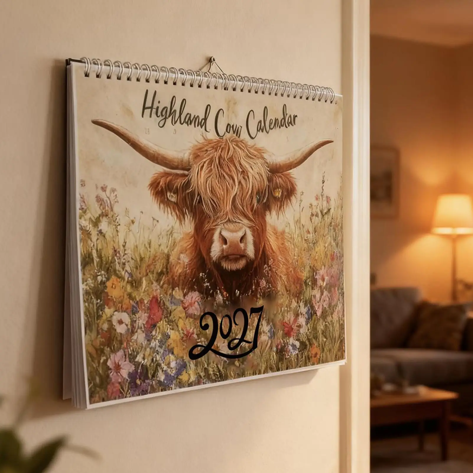 2027 Highland Cattle Calendar Cattle Pattern January - December Farmhouse Calendar For Home Office Study Planning Scheduling