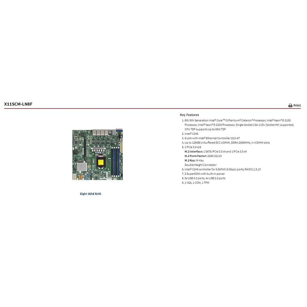 For Supermicro X11SCM-LN8F Server Motherboard 8th/9th Gen. Core i3 Xeon E-2100/2200 Processor LGA1151