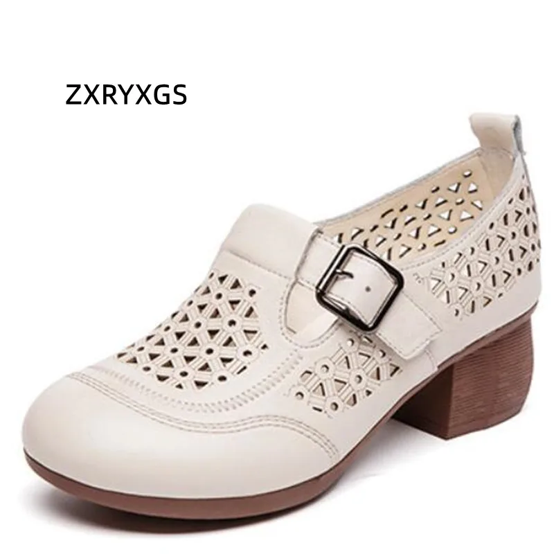 ZXRYXGS Popular New 2024 Spring Summer Hollow Genuine Leather Shoes Women\'s Roman Sandal Round Toe Versatile Thick Mid Heel Shoe