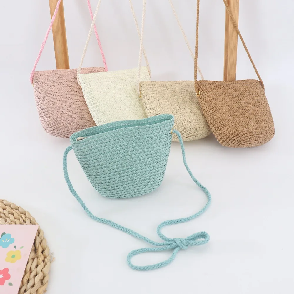 New Summer Children Girls Shoulder Bag Creative Pure Color Straw Messenger Bag Kids Coin Purse Cute Princess Mini Handbag