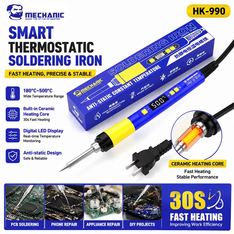 MECHANIC HK-990 90W Temperature Controlled Soldering Iron Digital Display Fast Heating 180-500°C for Phone PCB Repair