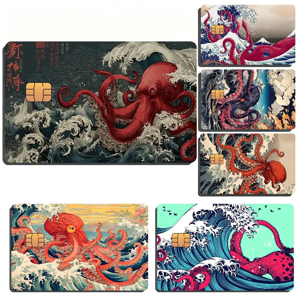 Red Giant Octopus And Surging Waves Waterproof Skin Sticker Bank Bus Metro Access Card Protective Film Card Sticker Girl Gift
