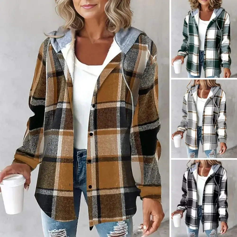 Hooded Women Jacket Plaid Print Drawstring Hoodie Coat for Women Warm Winter Cardigan with Long Sleeves Single-breasted for Wear