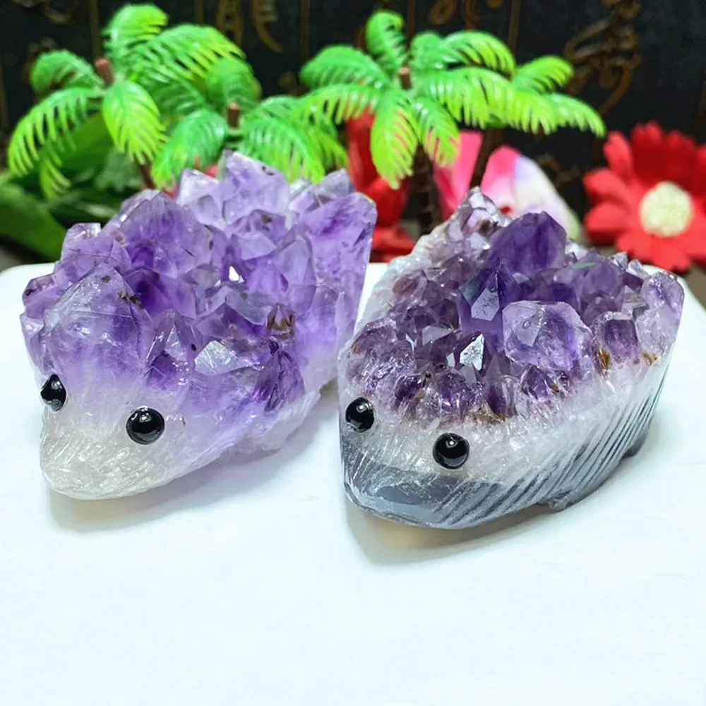 Natural quartz amethyst clusters hand carved hedgehog gifts treat home decor