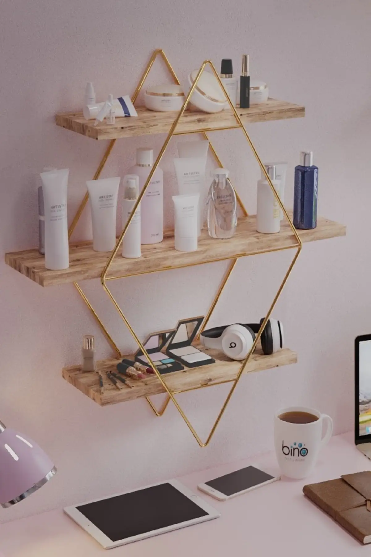Functional Natural Wood Gold Color Large Size Prism Solid Wall Shelf Table Organizer Kitchen-Bath Shelf Bookshelf Living Roo