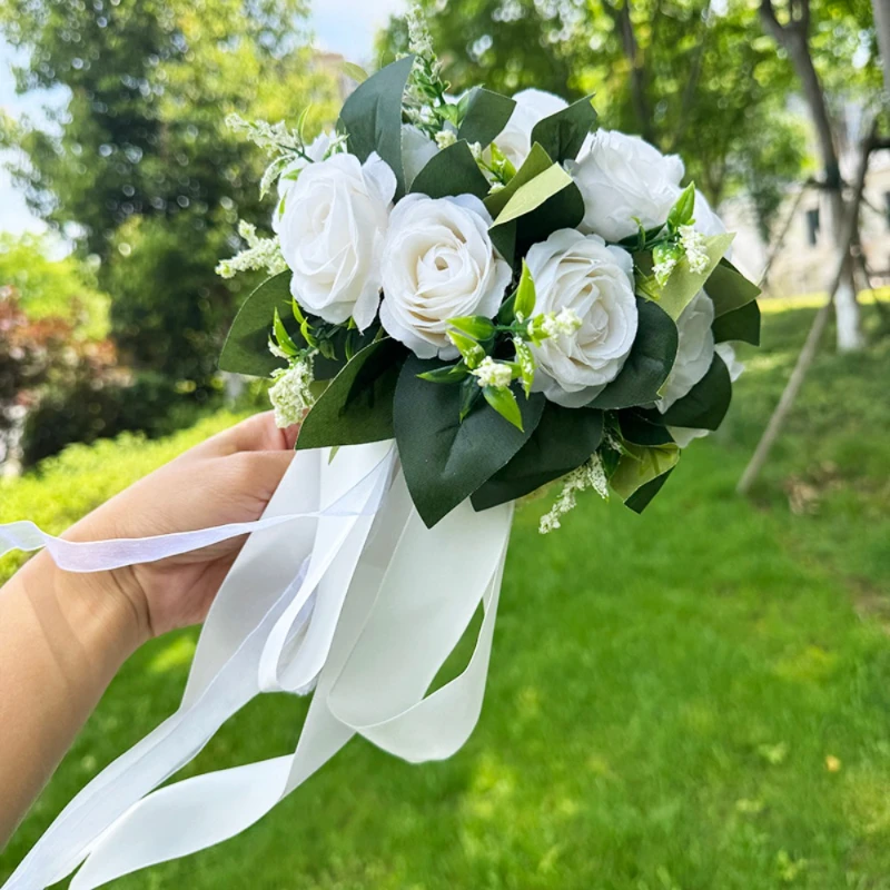 1 pz bouquet da sposa per la sposa damigella d'onore fiore di rosa nastro fiore artificiale eleganti decorazioni per feste accessori da sposa