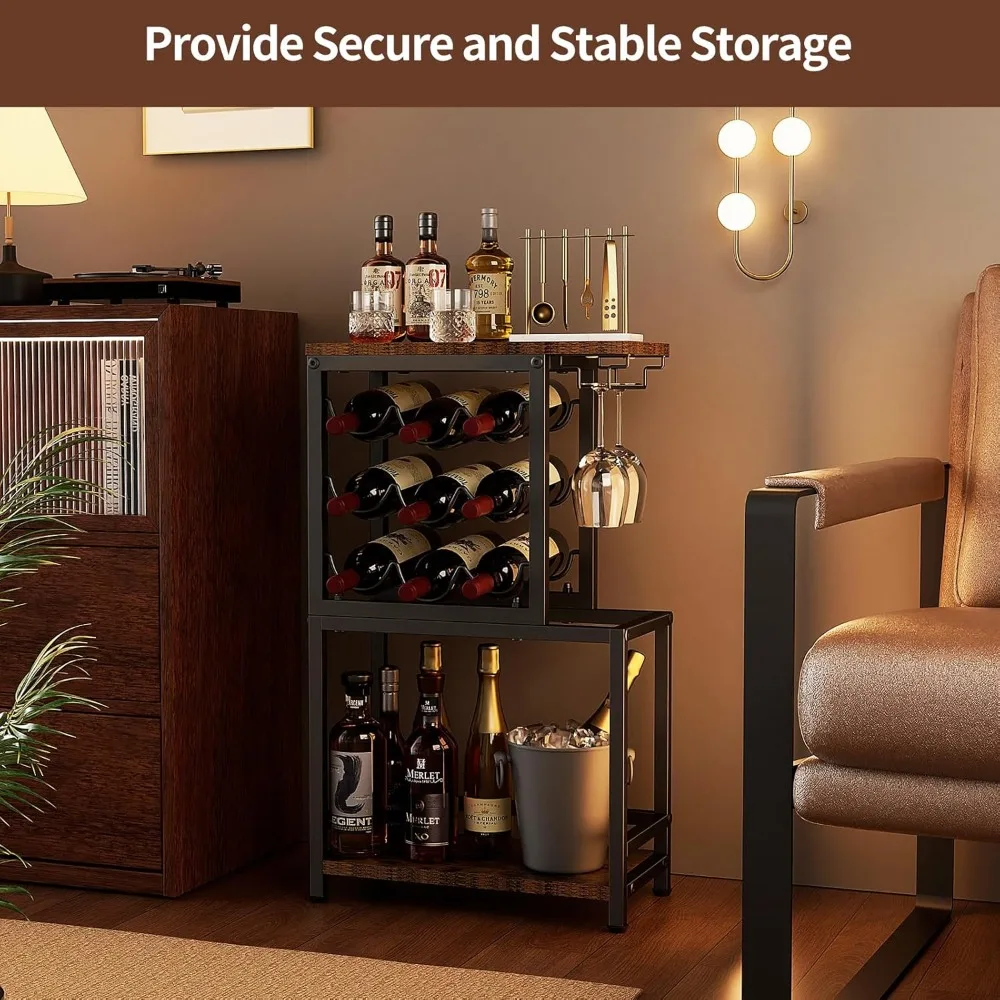 3-Tier Freestanding Wine Rack with Glass Holder, Versatile Liquor Display Stand for Home Bar in Black and Brown