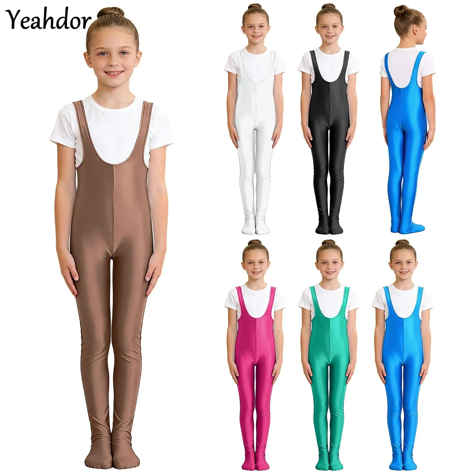 

Teen Girls Glossy Gymnastics Footed Jumpsuit Leotard Kids Deep U-Neck Sleeveless Stretchy Bodysuit Ballet Unitard Yoga Exercise