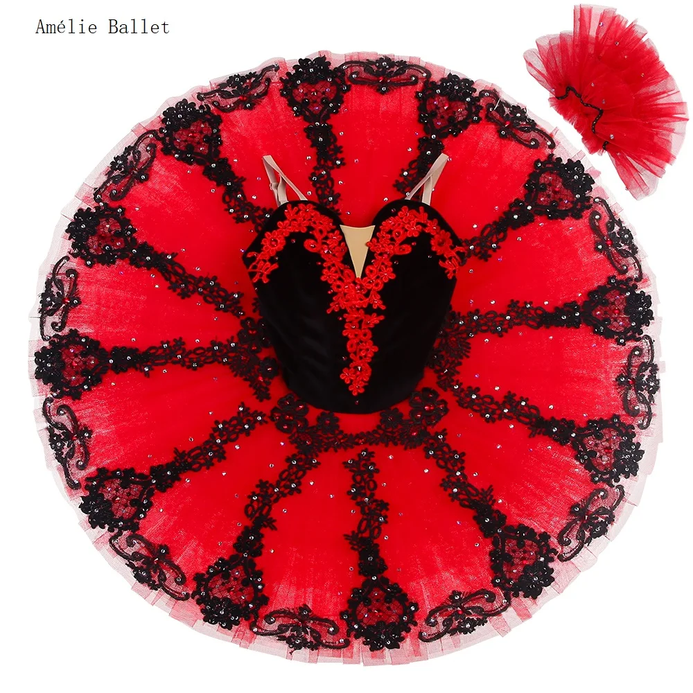 B22220 Girls Women Ballet Tutu Black Top Professional Tutu with Red Trim Decorated Made -to-Order Stage Performance Ballet Tutu