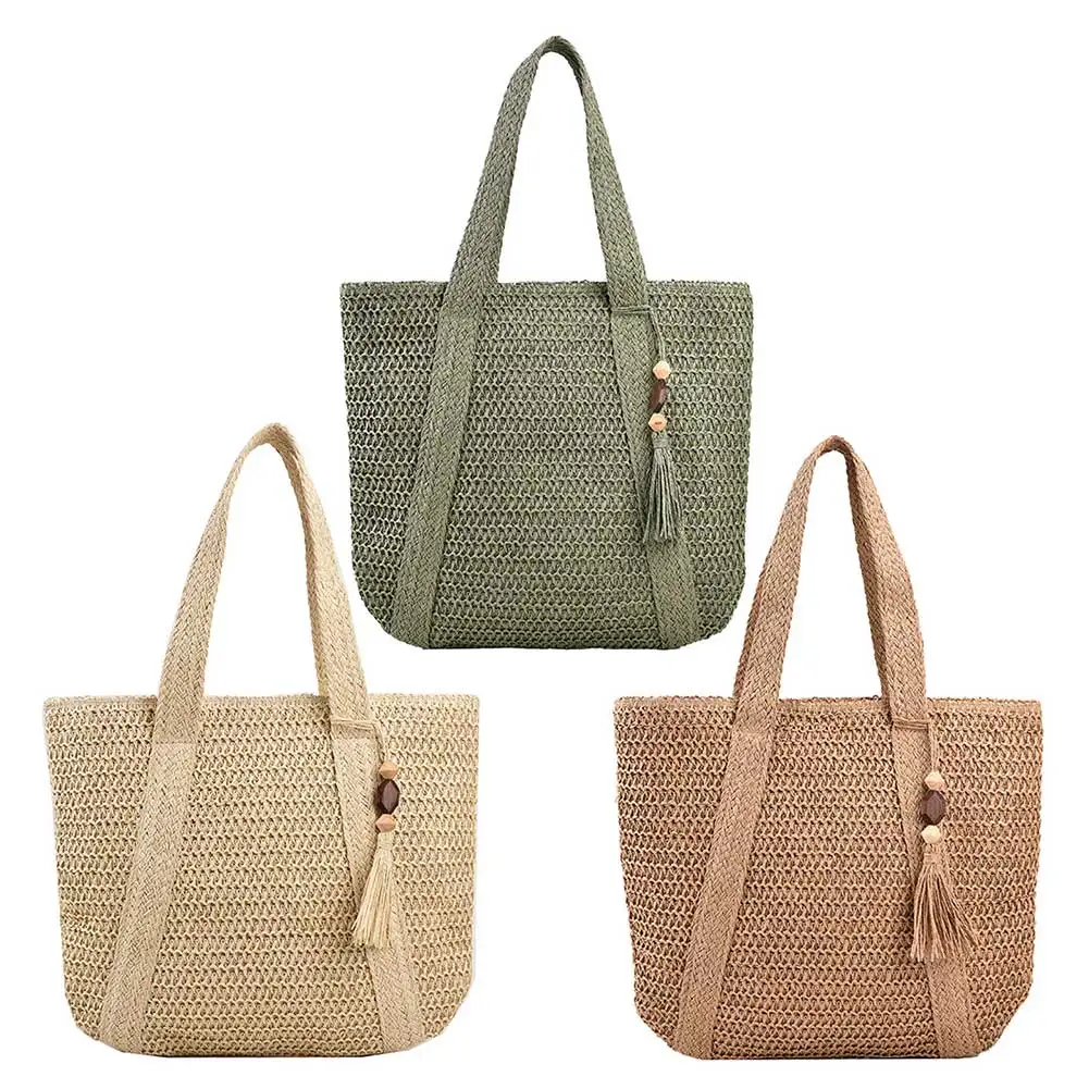

Large Capacity Top-Handle Bags Summer Ladies Woven Bag Fashion Handmade Simple with Tassel Pendant Shopping Handbag Tote