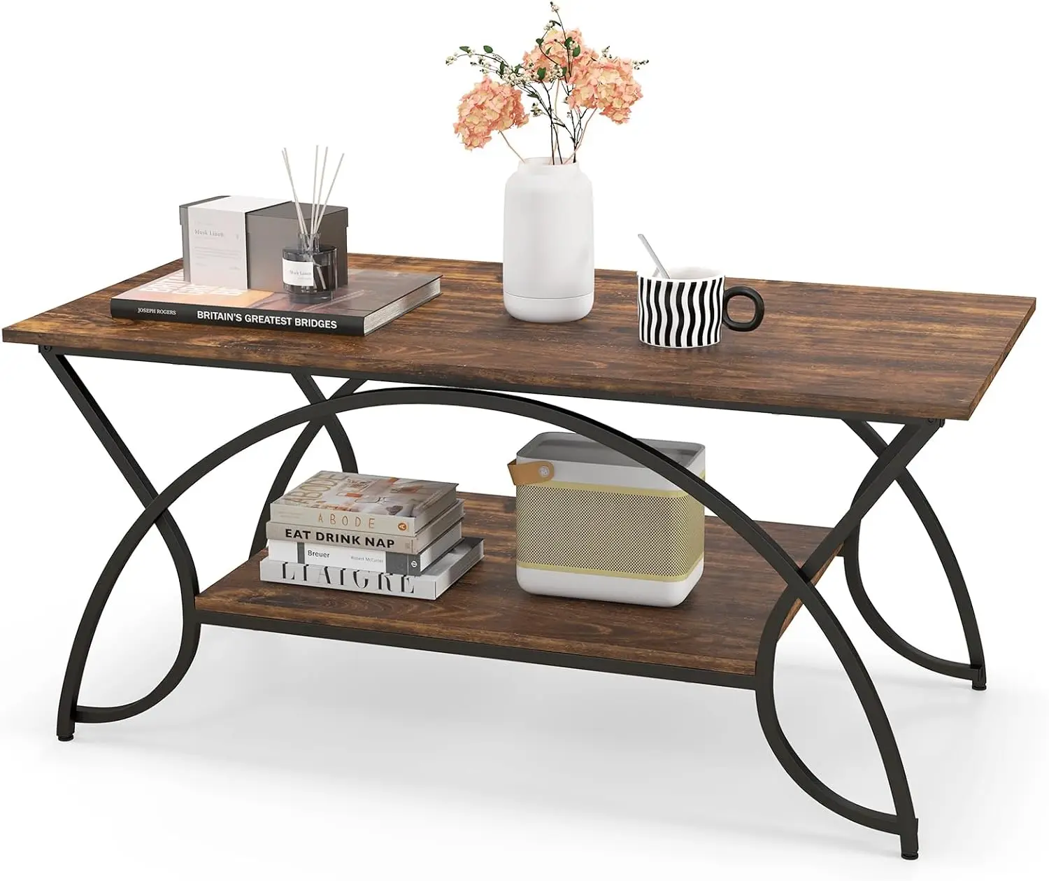 2-Tier Rectangular Coffee Table, Wood Grain Table with Open Storage Shelf, Black Finished Metal Frame, Industrial Center Table