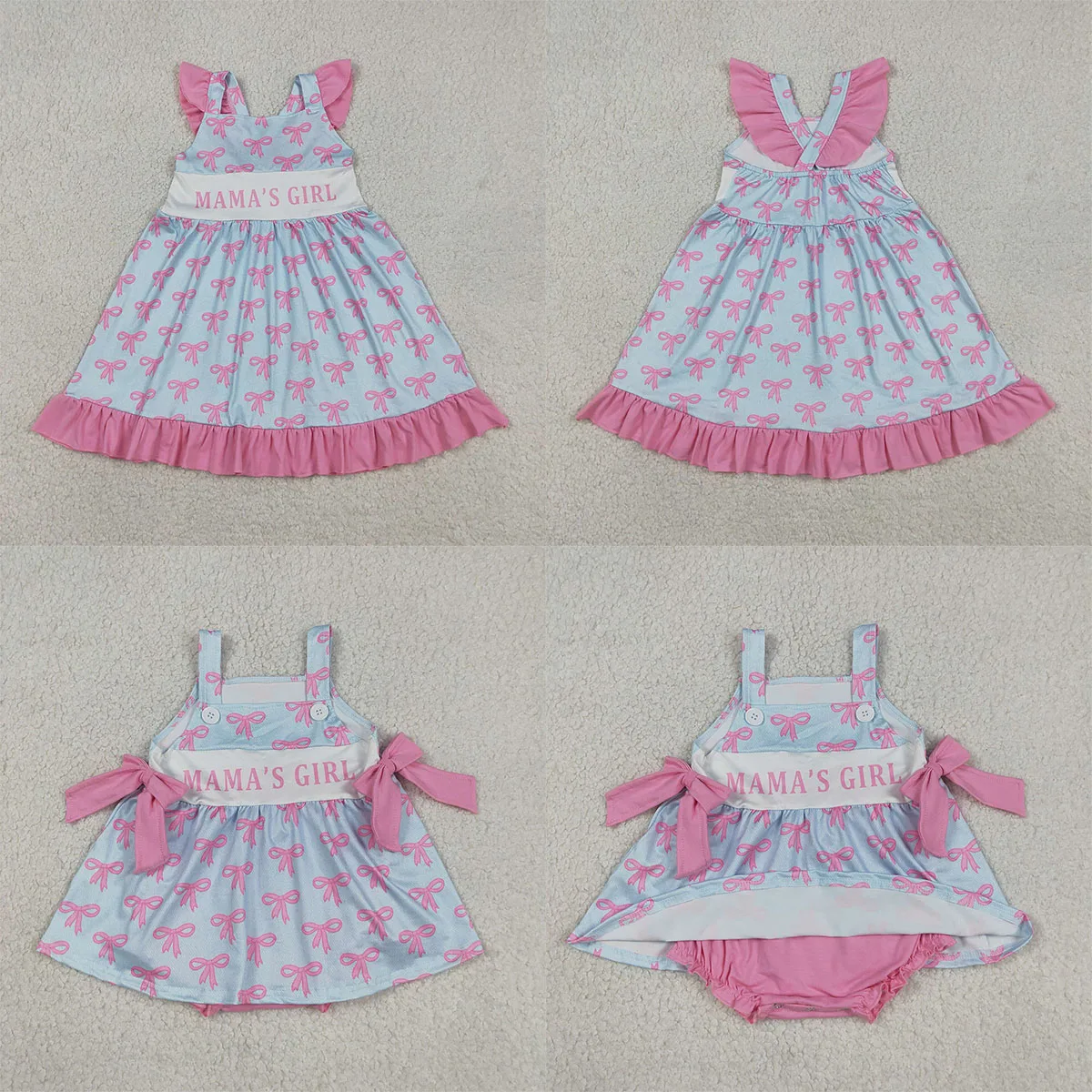 Kids Designer Clothes Girls Flutter Sleeve Mama's Girl Bows Ruffle Knee length Dresses Boutique Match Baby Rompers Wholesale