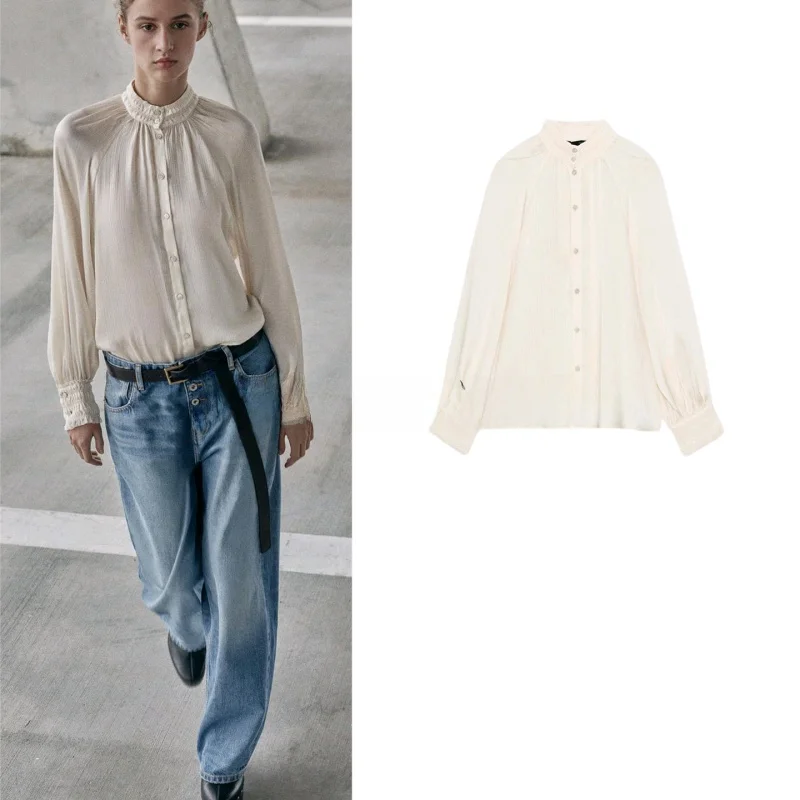

Elegant Style Women's Shirt Long Sleeve Stand Collar Silk Satin Feel Top New Arrival Spring Season Polyester Fiber Non-Stretch