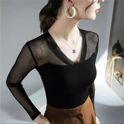 Mesh Female T-shirts V-Neck Bottom Tops Hollow out Spliced Pullover Slightly Transparent Women Tshirts Black Blou Thin Woman Tee