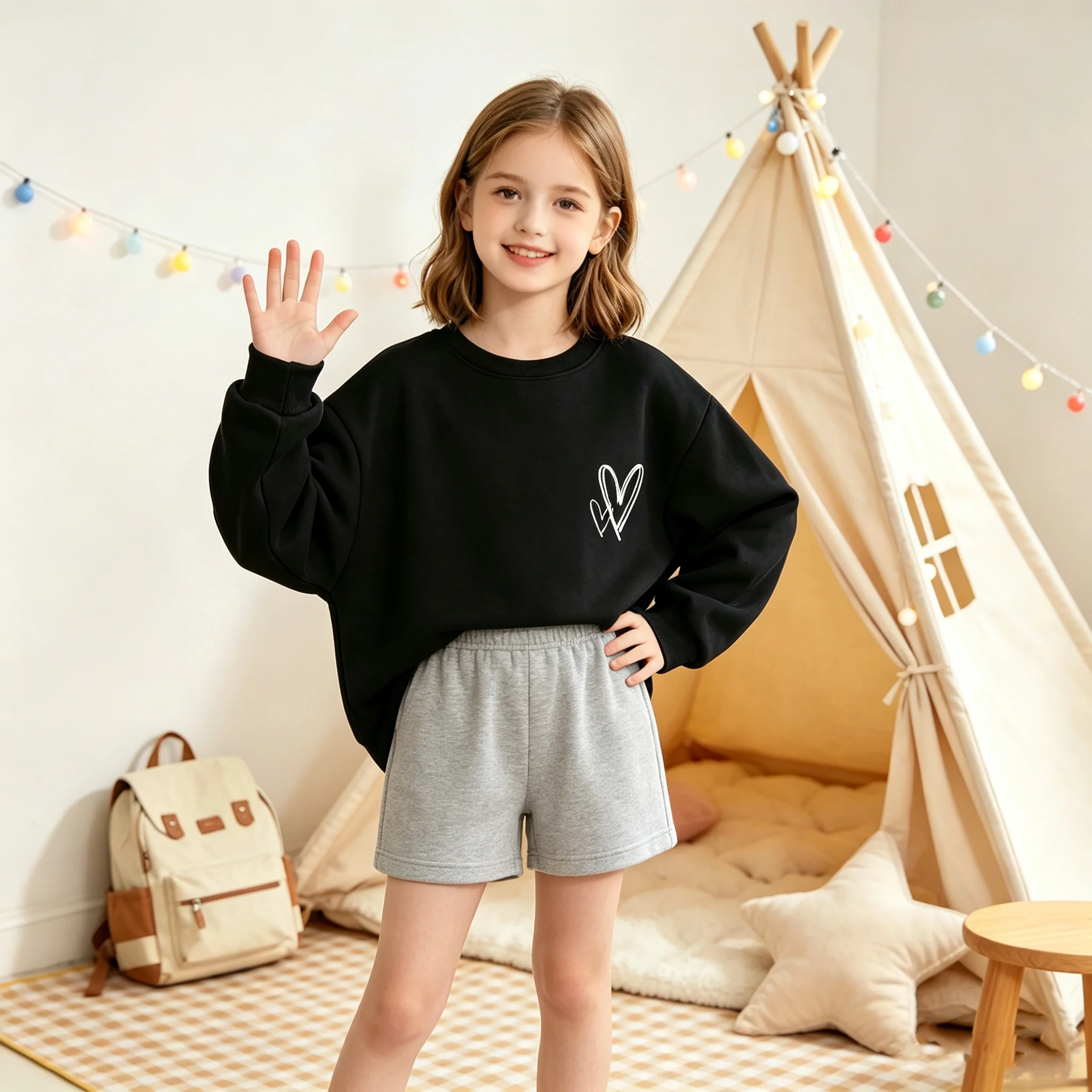 Children's Long Sleeved Sweatshirt Heart-Shaped Print round Neck Casual Elegant Top for Autumn Winter