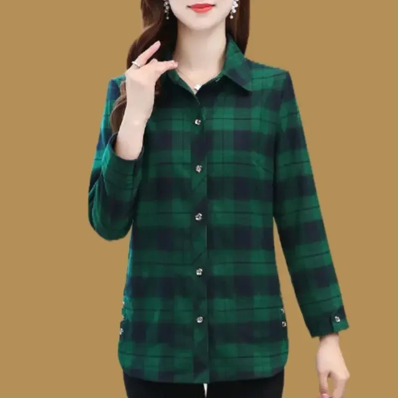

Spring Autumn Elegant Fashion Harajuku Plaid Tops Women Loose Casual All Match Lady Shirt Polo Collar Button Long Sleeve Blusa