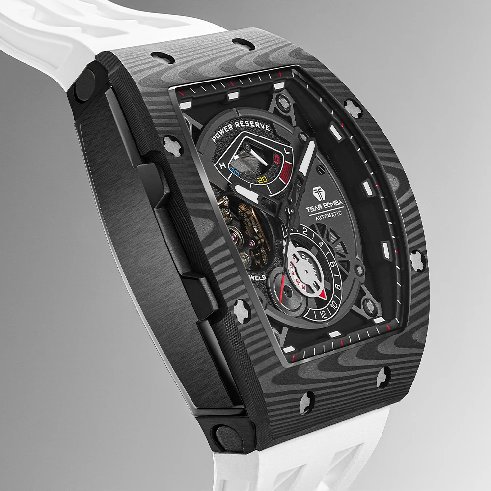 ساعات تسار بومبا للرجال من ألياف الكربون ساعة يد ميكانيكية أوتوماتيكية من زجاج الياقوت مقاومة للماء هدية للرجال