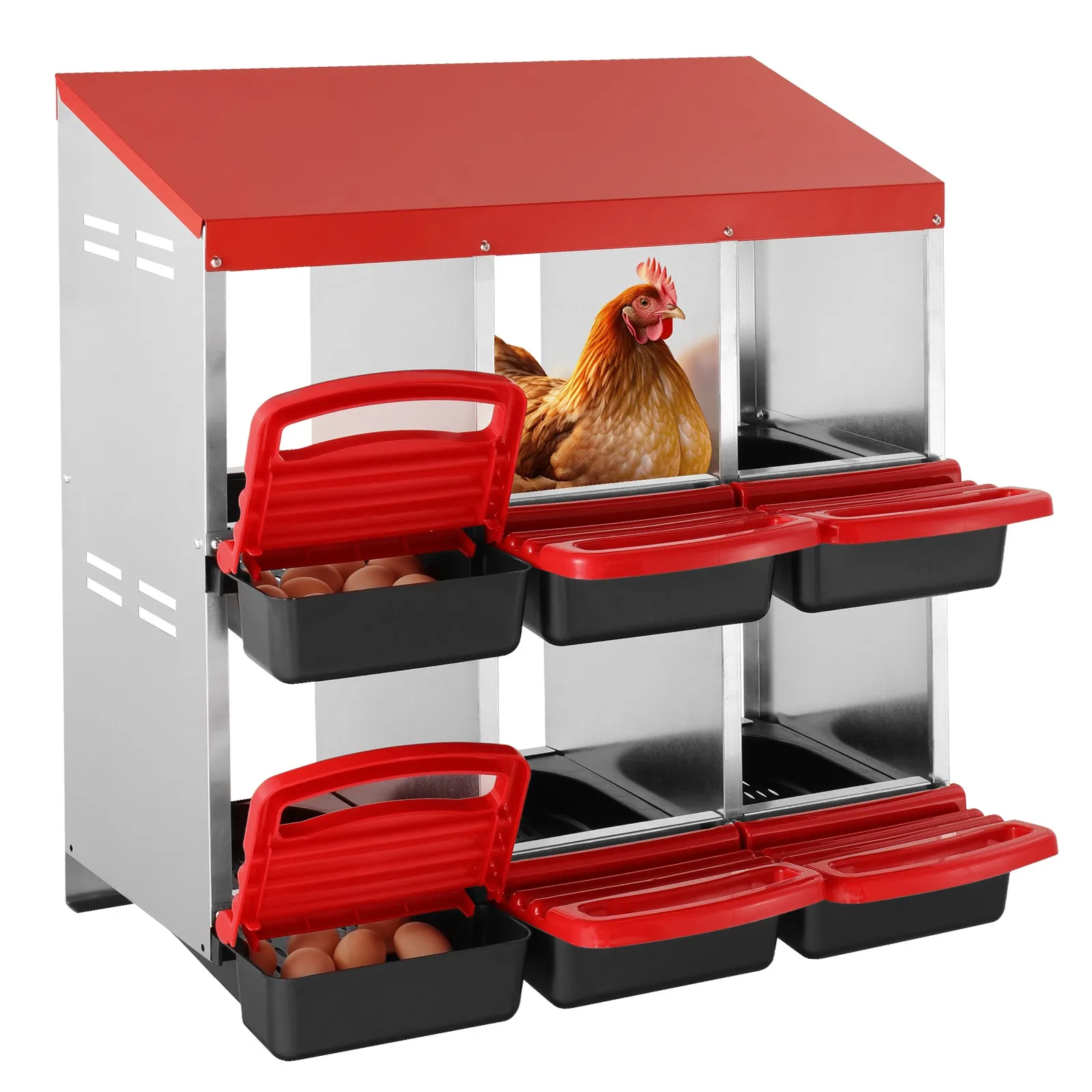 6-Compartment Chicken Nest Box Mental Box with Inclined Nesting Boxes
