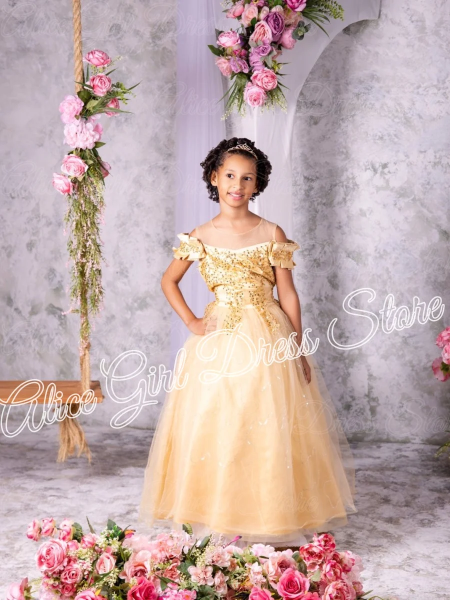 Customized Champagne Flower Girl Dresses for Wedding Tulle Sequins Floor Length First Communion Kids Birthday Party Gowns