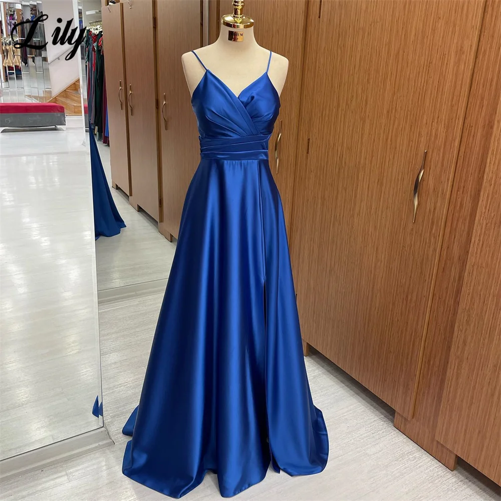 Lily Royal Blue Evening Dress Sexy Spaghetti Straps Prom Dress Sweetheart A-Line Satin Party Dress With Pleats Robe De Soirรฉe