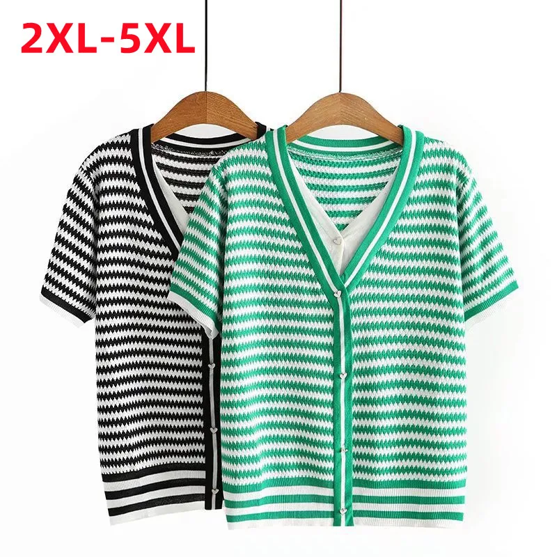 New 2022 Summer Plus Size Tops For Women Large Size Short Sleeve Slim Elastic Green Stripe V-neck Knit Shirt 2XL 3XL 4XL 5XL