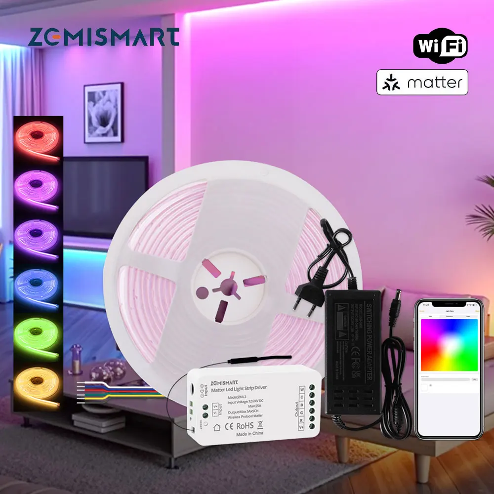 Matter LED Light Strip Driver COB RGBCCT 16W High Density Flexible Tape IP65 Work with Alexa Google Home Smartthings Homekit App
