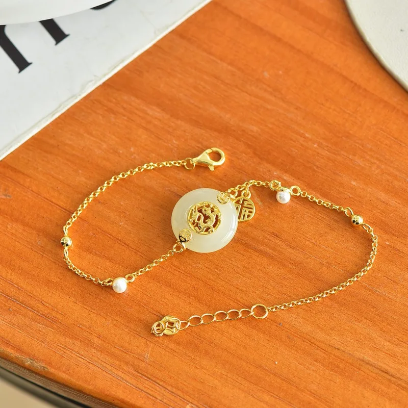 

Браслет «Мир» из старинного серебра S925 с инкрустацией из белого нефрита Хэтиан, универсальный, в древнем стиле