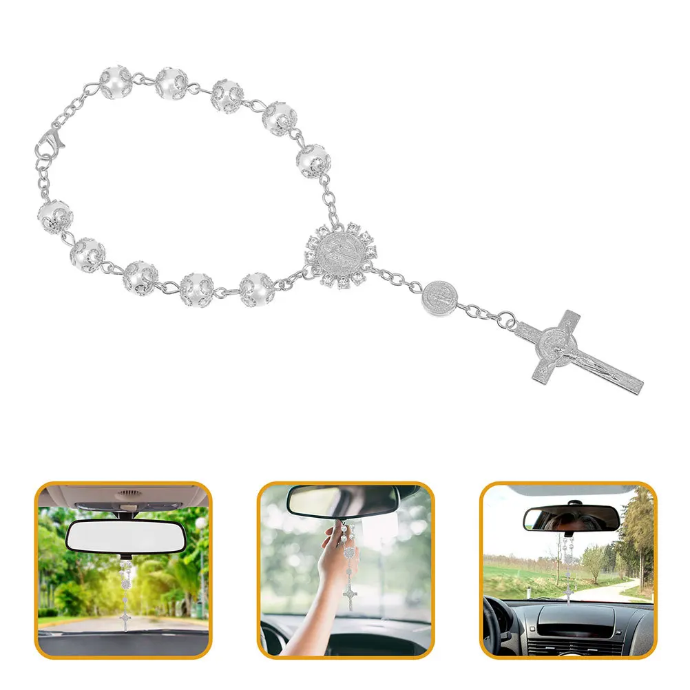 

2Pcs Cross Pendant for Car Mirror Elegant Gold Silver Lace Glass Faux Pearl Hanging Ornament Interior Decoration Blessing