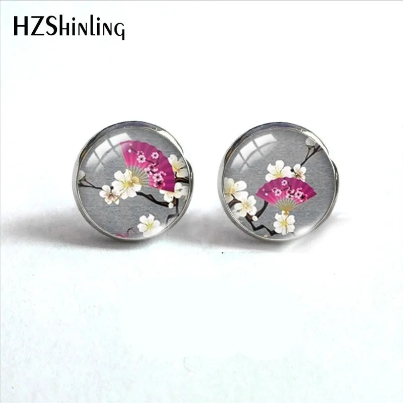 2023 New Japanese Flowers Stud Earring Sakura Round Earrings Handmade Glass Dome Photo Printed Jewelry Gifts