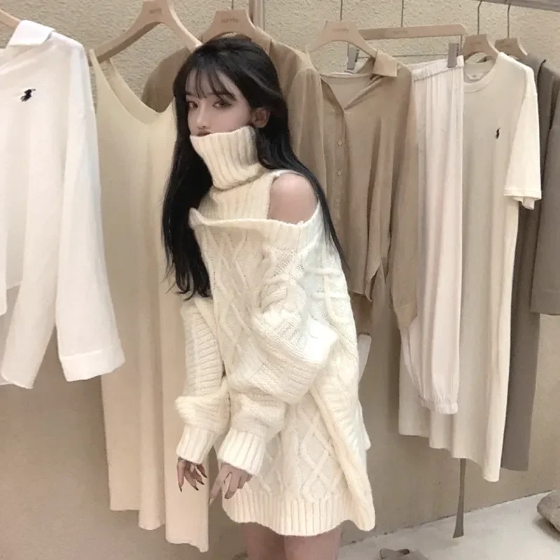 Autumn Winter Korean Style Women Turtleneck Knitted Sweaters Fashion Wild Knitwear Outwear Female Sexy Off Shoulder Pullovers