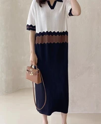 Korean Fashion Knitted Patchwork Dress Women Summer Polo Collar Half Sleeve Casual Loose Hollow Out Pleated Long Dresses Robe