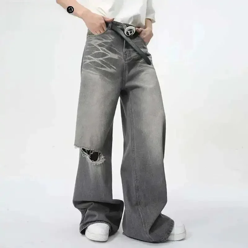 

IEFB Summer Mens Straight Wide Leg Jeans Denim Pan Non-Shrinkable Neutral Drawstring Waist Polyester Fiber Casual Trousers