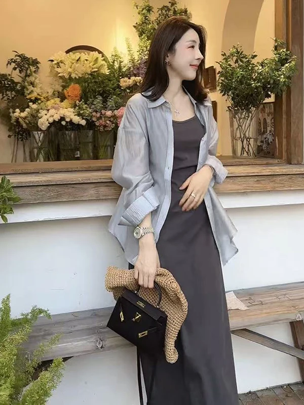 

Летний легкий комплект для женщин больших размеров: рубашка с защитой от солнца, платье на бретелях, кардиган с высокой талией в корейском стиле