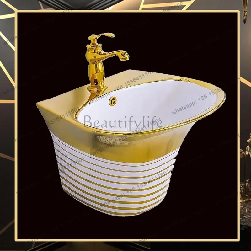 

Ceramic color gold wall-mounted wash basin Yellow gold electroplated gold hanging basin