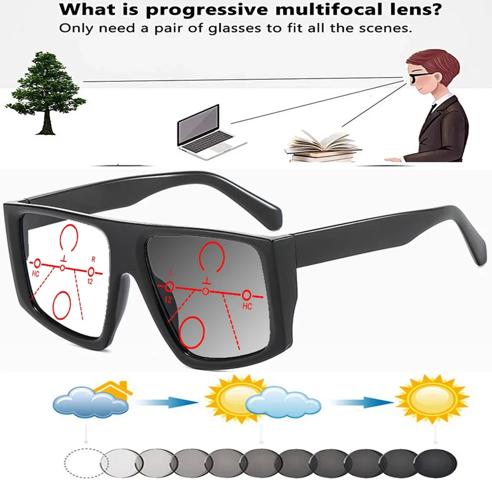 Personality Geometry Large Frame European and American Trends Photochromic Progressive Multifocal Reading Glasses +0.75 To +4