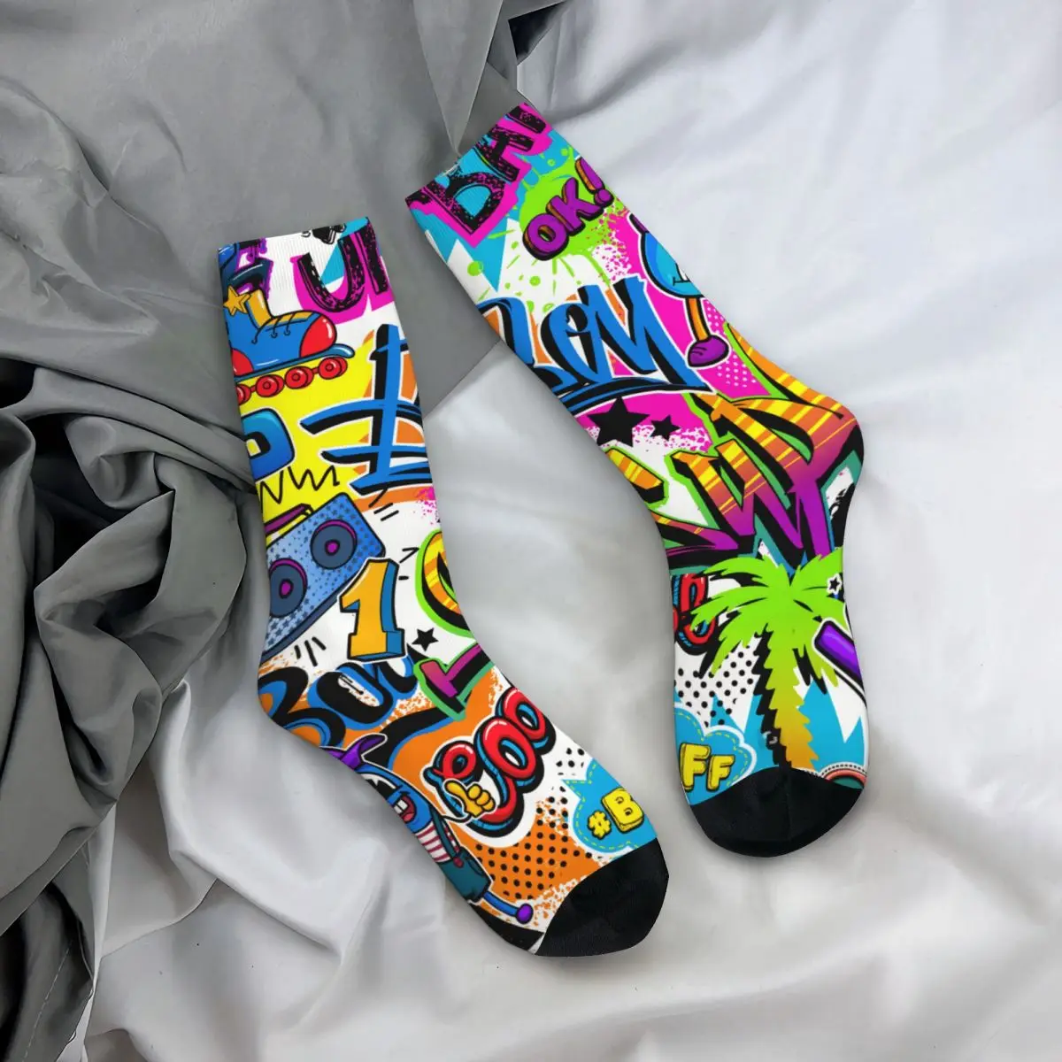 Retro Comics Pattern With Palm Tree Hand Roller Men\'s Socks Graffiti Art Pattern Unisex Street Style Printed Crew Sock Gift