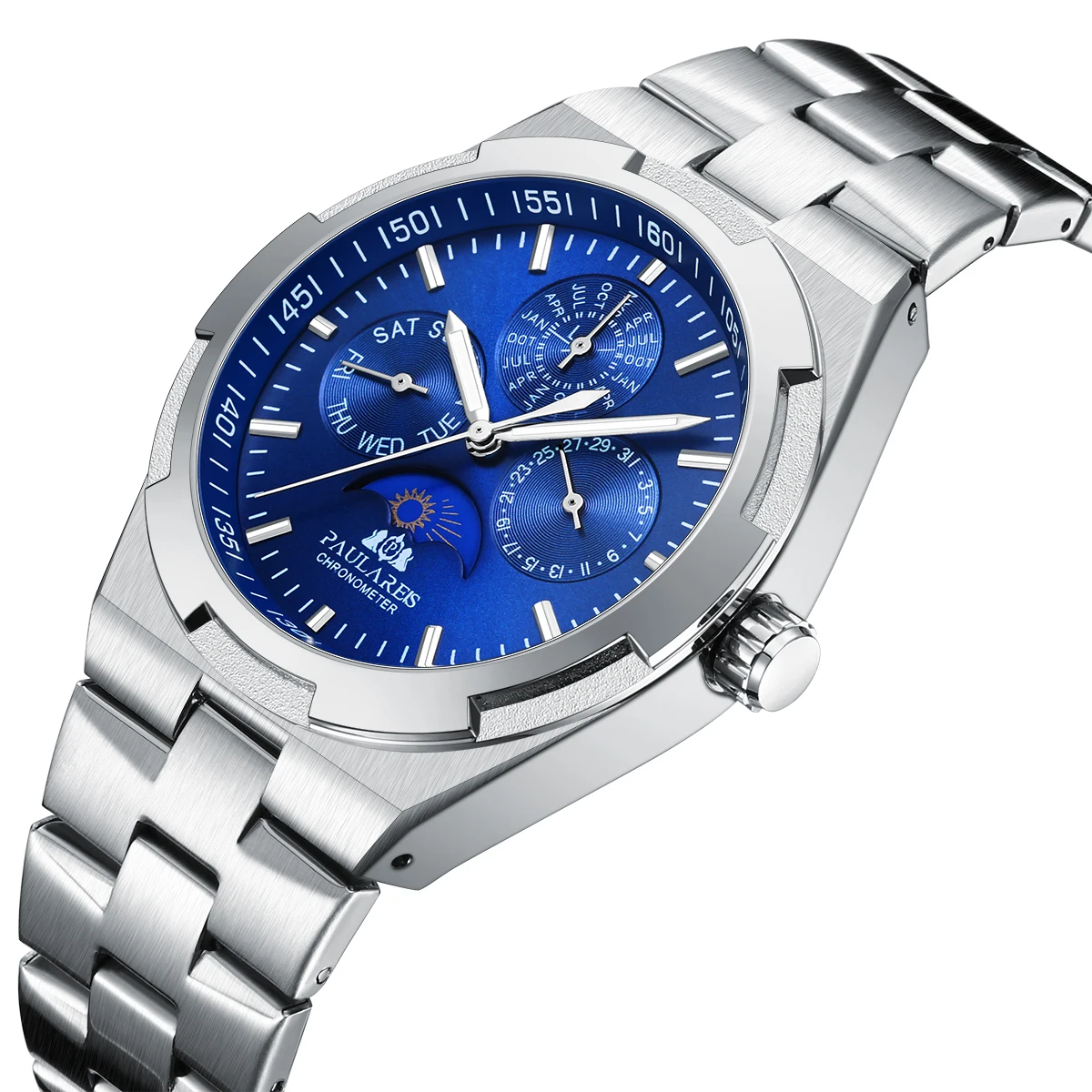 40mm Men Luxury Quartz Watch Luminous Rose Gold Blue Moon Phase Stainless Steel Straps Fashion Wristwatches