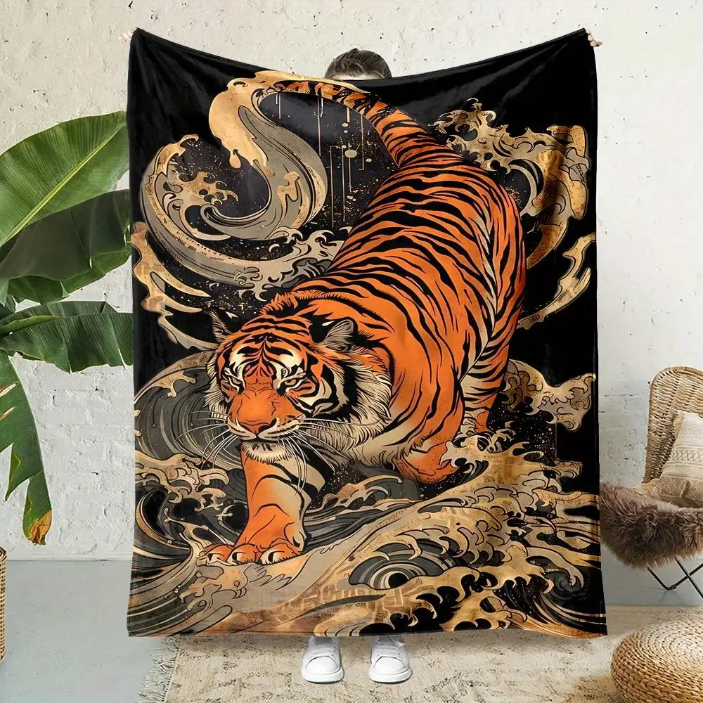 Luxury Tiger Jungle Throw Blanket Black Artistic Print Couches Decor Home Accent Fleece Throw Dramatic Warrior Wildlife Nap