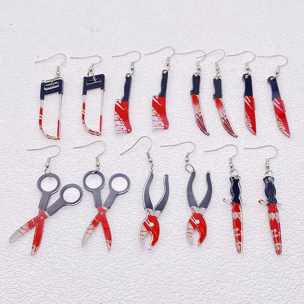 New 1Pairs Halloween Horror Bloodstain Scissors Axe Sharp Earrings for Women Halloween Acrylic Skull Knife Jewelry Party Gifts