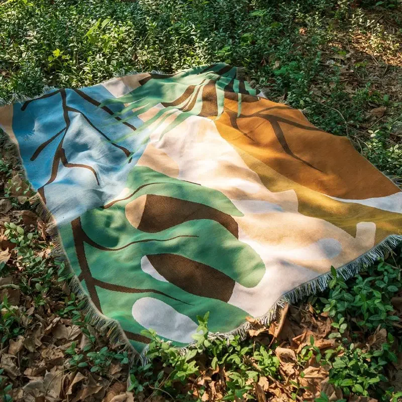 Abstract Leaf Tapestry Blanket Boho Woven Throw Large Tropical Plant Sofa Cover Mid-Century Modern Decor Blanket for Picnic