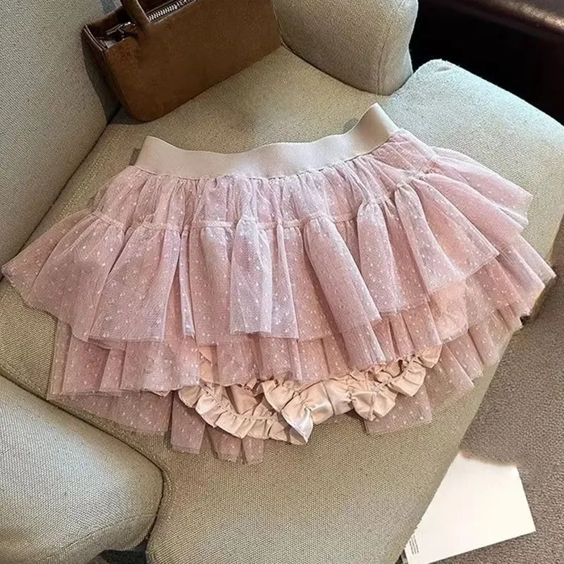 Mini Skirts Women Preppy Style Polka Dot Lace High Waist Mesh Puffy Layered Cake Skirt Ladies Summer Y2k Aesthetic