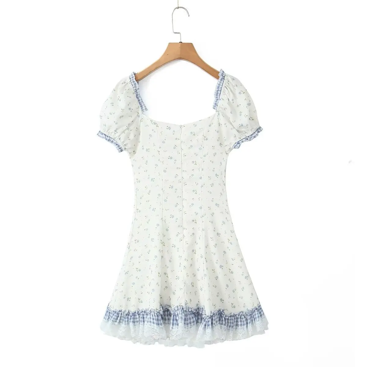 Women Puff-Sleeve V-Neck Floral Print Gingham Panel Lace Trim Drawstring Mini A-Line Dress