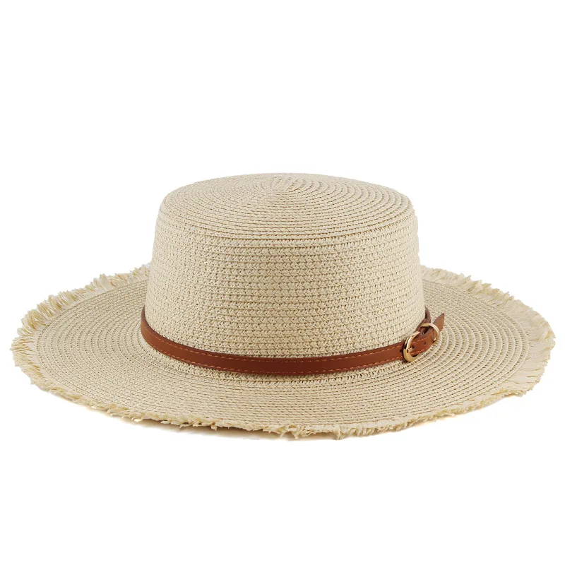 Straw Hat With Small Leather Belt Decoration, British Flat-top Hat, Simple And Versatile, Suitable For Shopping