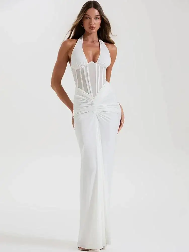 

Halter Backless Sexy Maxi Dress Women V Neck Off-shoulder Sleeveless Draped Ruched Bodycon Club Party Long Dress