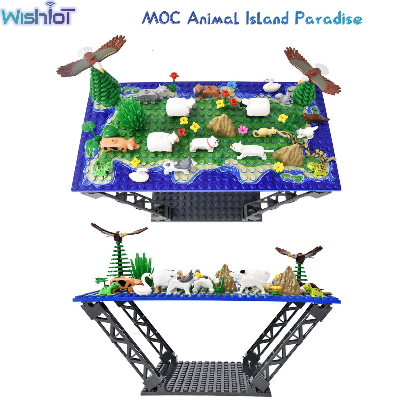 

MOC Creative Animal Island Paradise Empty Island Scene Eagle Plant Ocean Baseboard Column Building Blocks Assemble Toy Kids Gift