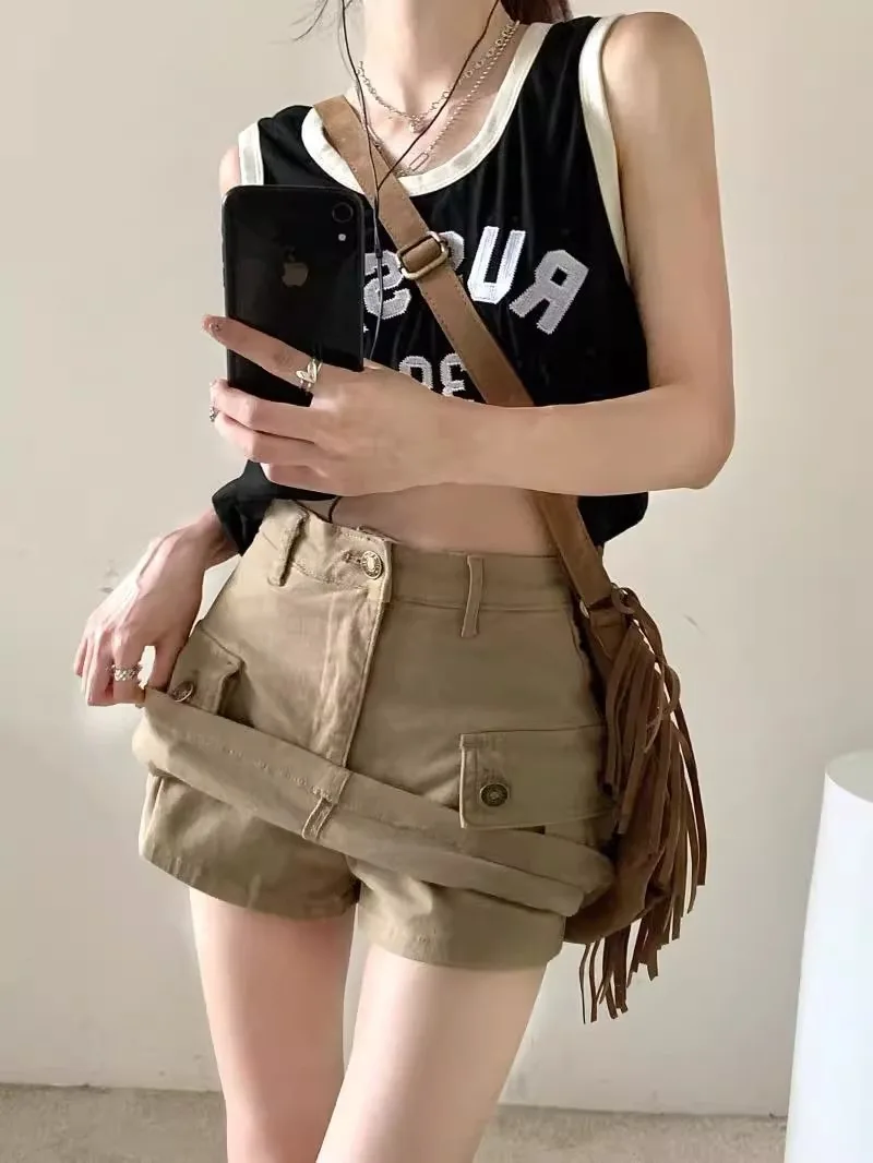 Cowboy-Midirock mit hoher Taille und amerikanischem Khaki-Farbton, kurzer Sommerrock im „Spicy Girl“-Stil, figurbetonter Rock für den Arbeitsalltag. – Detail 4