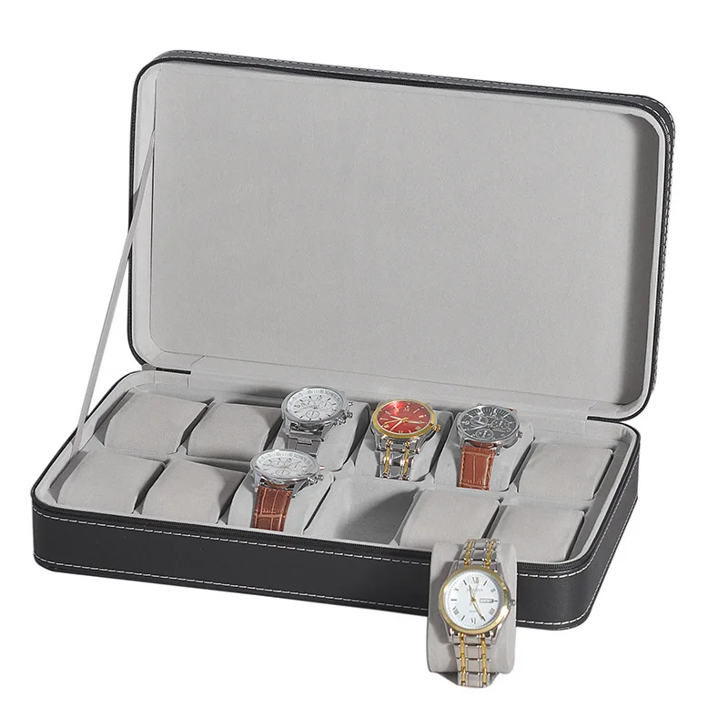 

Zipper Watch Box Dustproof 6/10/12 Slot PU Leather Black Shell Portable Men's and Women's Jewelry Watch Storage Wholesale