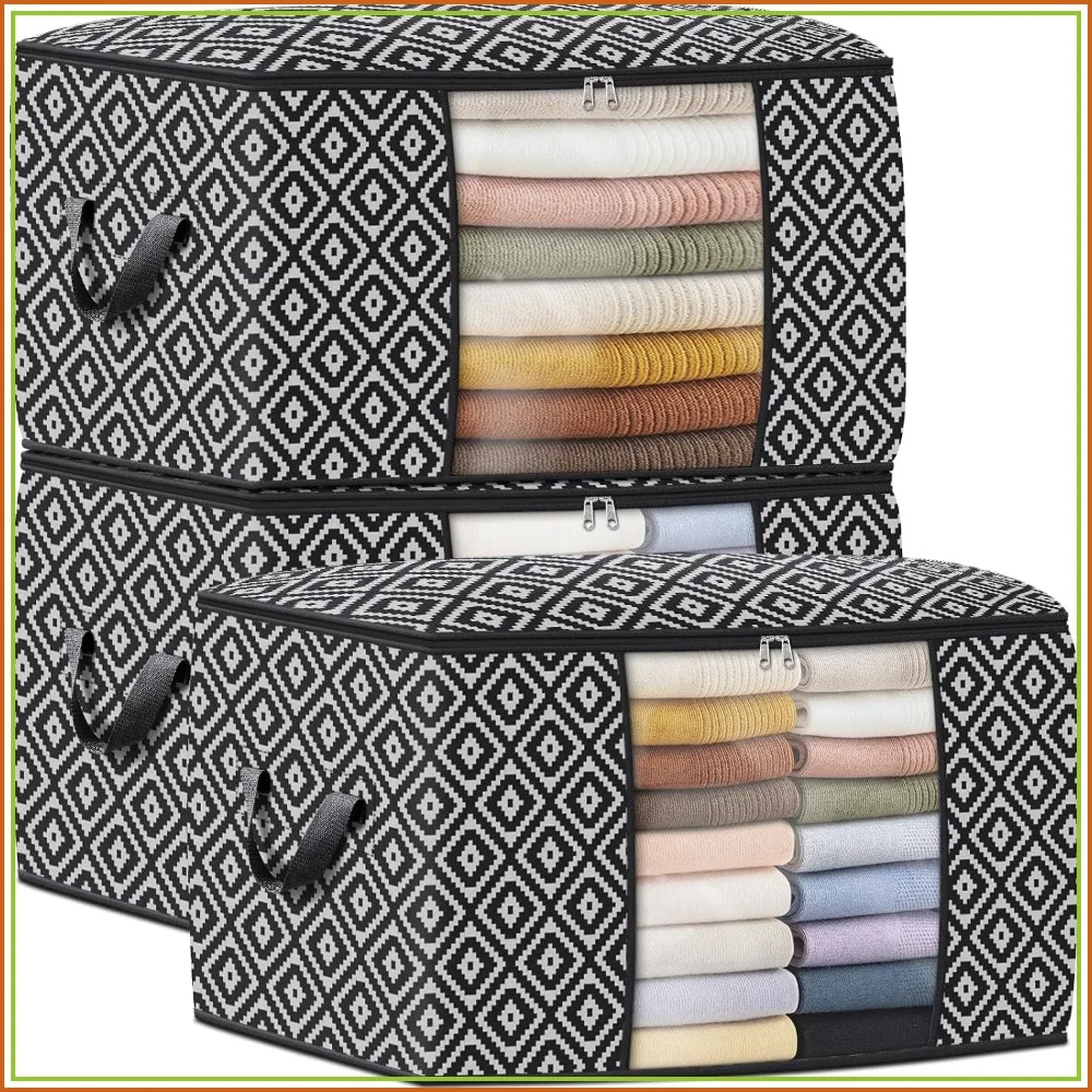 100L Foldable Storage Bags, 3-Pack with Clear Window, Black - Space-Saving Closet Organizers for Bedding, Blankets, and Clothing